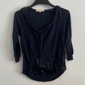 Sequin Pocket Wide Neck Navy Hoodie Long Sleeve Top